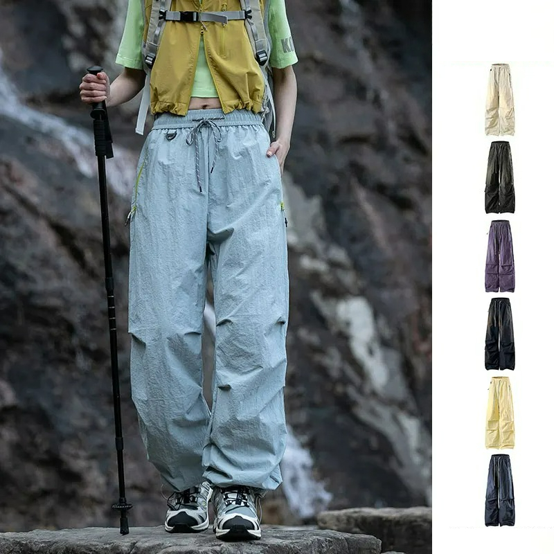 Fishing Pants Waterproof - กางเกงเดินป่าสำหรับผู้หญิง กางเกงกันน้ำสำหรับเล่นกีฬากลางแจ้งในฤดูใบไม้ร่วง กางเกงทหารร่มพาราชูต กางเกงเอวยางยืด กางเกงสำหรับตั้งแคมป์ กางเกงปั่นจักรยาน